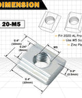 100 Pack M5 Sliding T Nuts For 20X20 Aluminum Extrusion Profile Heavy Duty Zinc Plated Steel T slot showing dimensions and details.