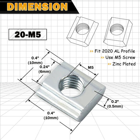 100 Pack M5 Sliding T Nuts For 20X20 Aluminum Extrusion Profile Heavy Duty Zinc Plated Steel T slot showing dimensions and details.