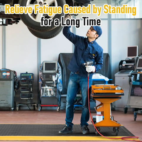 Mechanic standing on 3x7 Ft anti-fatigue mat with anti-static rubber top in garage, showcasing ergonomic comfort and industrial use.