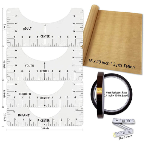 DIY T Shirt Alignment Tool Kit With Heat Resistant Tape And PTFE Teflon Transfer Sheets Four Ruler Sizes Two Rolls Heat Resistant Tape Three Packs PTFE Sheets And One Tape Measure Included