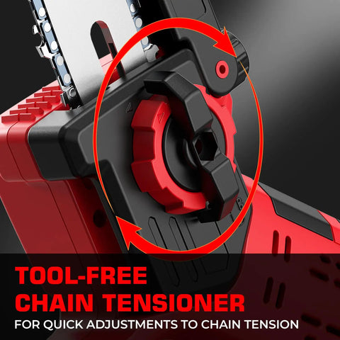 Close-up of tool-free chain tensioner on 2 In 1 Brushless Cordless Mini Chainsaw With Auto Oil 8 Inch And 6 Inch Cutting.