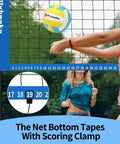 20 Foot Outdoor Volleyball Net Set With Anti Sag Net Adjustable Iron Poles Durable Carry Bag Soft PU Volleyball And Pump Quick Setup For Backyard Or Beach Game Ready Gear Rugged Yet Lightweight Blue showing net and scoring clamp