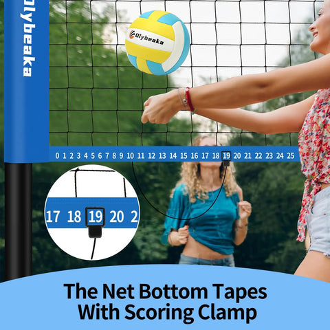 20 Foot Outdoor Volleyball Net Set With Anti Sag Net Adjustable Iron Poles Durable Carry Bag Soft PU Volleyball And Pump Quick Setup For Backyard Or Beach Game Ready Gear Rugged Yet Lightweight Blue showing net and scoring clamp