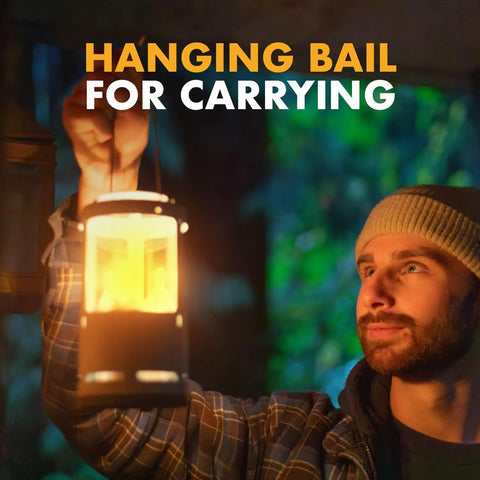 Man carrying Red Candle Lantern For Camping And Emergencies, A Must-Have For Backcountry Prep, Lets You Run 3 Nine-Hour Emergency Candles, Lightweight Aluminum Hanging Lantern For Backpacking, Hiking, And Outdoor Adventures