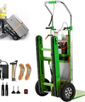 Must-have Electric Stair Climbing Dolly With 1250W Motor And Super Heavy 900lbs Load Capacity shows a green dolly with accessories, ideal for moving heavy items.