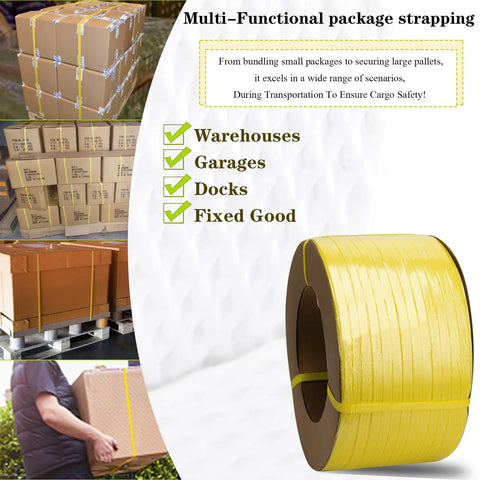 Heavy Duty Polypropylene Strapping Roll Yellow Pallet Packaging Banding Strap For Secure Shipping 3280 Feet Long rolls displayed with bundles.