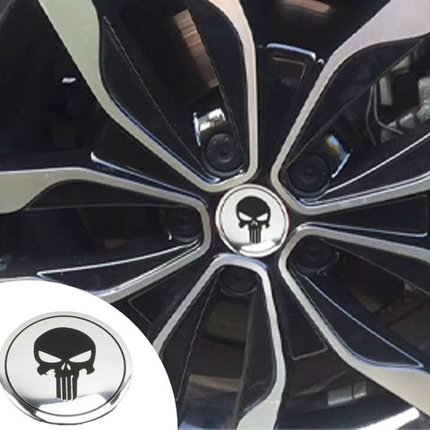 Four Piece Heavy Duty Aluminum Hub Center Cap Decals Featuring Dope Tusked Skull Art For Clean Wheel Cover Stickers that slap onto most standard rims smoothly on car wheel.