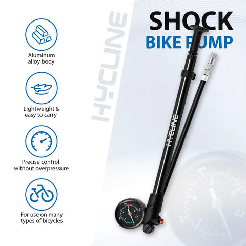 High Pressure Shock Pump With Gauge For Bike Suspension Up To 300 PSI, Compact Mini Pump, Black with gauge and features highlighted.