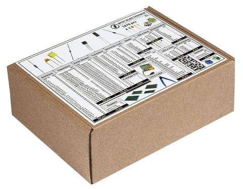 Box of DIY Electronic Component Kit Assortment With Resistors, Capacitors, LEDs, Transistors, and more for hobby projects