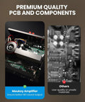 Comparison showing Bluetooth 5.0 Stereo Amplifier Receiver for Karaoke and Home Theater with premium PCB next to lower quality components.
