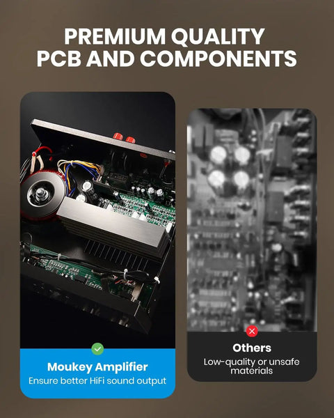 Comparison showing Bluetooth 5.0 Stereo Amplifier Receiver for Karaoke and Home Theater with premium PCB next to lower quality components.
