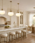 Vintage Brass Milk Glass Pendant Lights Fixture, Pleated Glass Chandelier above kitchen island with bar stools.