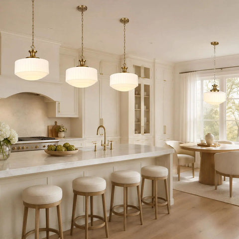 Vintage Brass Milk Glass Pendant Lights Fixture, Pleated Glass Chandelier above kitchen island with bar stools.