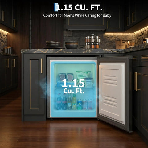 One Point One Cubic Foot Upright Freezer With Single Door And Adjustable Shelf In Matte Black showing contents, perfect for kitchen use.