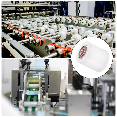 Close-up of 4 Pack Nylon Roller Wheels With Bearings For CNC Guiding and Flat Belt Idler Pulleys in industrial machinery setup.