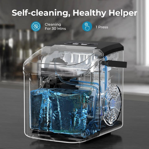 Antarctic Star countertop ice maker, black with transparent housing, ice-filled reservoir visible.