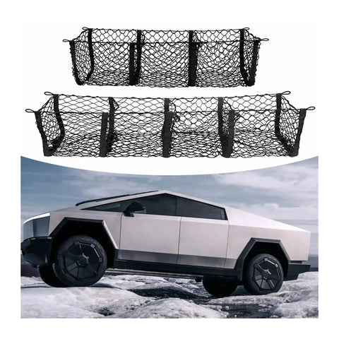 Three Compartment Hammock Cargo Net For Tesla Cybertruck 2024 Plus Trucks, heavy-duty mesh, size 110x30x30 cm for organized storage.