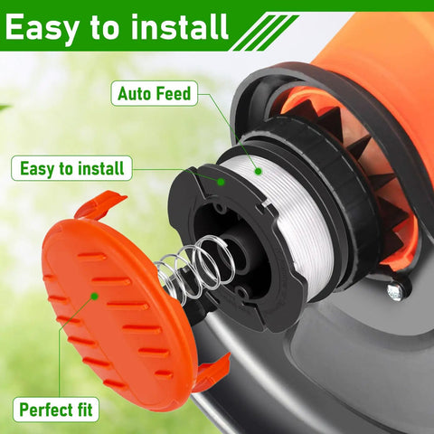 Close-up of 10 Pack Weed Eater Spool Replacements for Black and Decker AF-100, showing spool, cap, and spring installation.