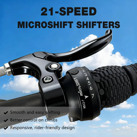 Close-up of Shimano twist grip shifter on Women’s 26 Inch Mountain Bike For Adults with 21-speed shifting against the sky.