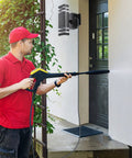 Man cleaning garage entrance with Outdoor Dusk To Dawn Light With Built In GFCI Outlet, Warm White 3000K Up And Down LED Black Porch Light