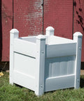 Maintenance Free Vinyl Outdoor Planter Box 16 Inch Square 19 Inch High With 2x2 Leg Supports And One Point Five By Four Rails Hardware Included Made In USA Stackable For Expanding Patio Garden Weather Resistant Construction For Year Round Outdoor Use, white vinyl planter box