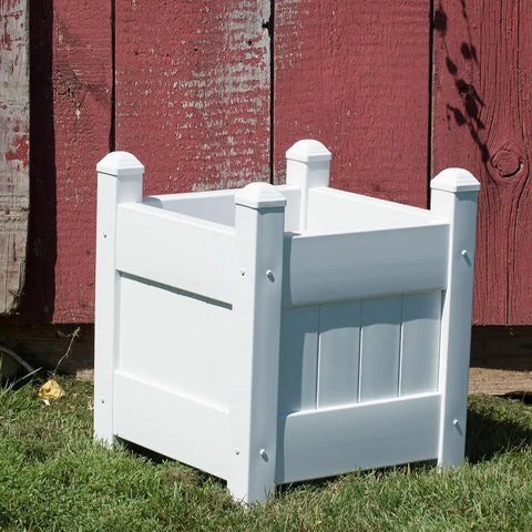 Maintenance Free Vinyl Outdoor Planter Box 16 Inch Square 19 Inch High With 2x2 Leg Supports And One Point Five By Four Rails Hardware Included Made In USA Stackable For Expanding Patio Garden Weather Resistant Construction For Year Round Outdoor Use, white vinyl planter box