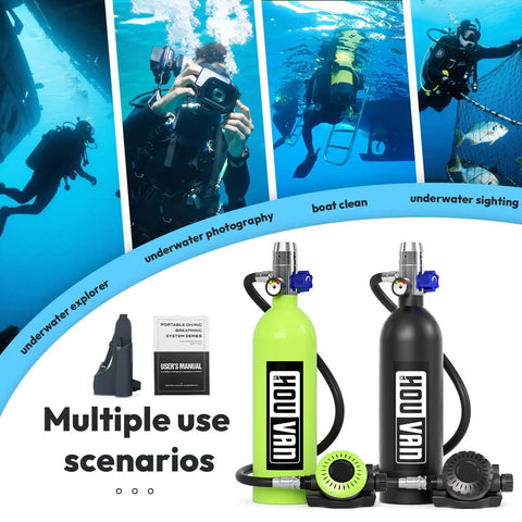 S400 Mini Scuba Tank 1L Portable Diving Tank With On Off Valve Reusable Underwater Breathing Pony Bottle shown in multiple use scenarios