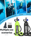 S400 Mini Scuba Tank 1.0L Portable Diving Tank With On Off Valve shown in black and green with accessories, ideal for various uses