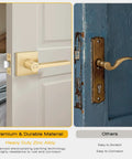 Six Pack Gold Door Handles With Satin Brass Levers For Interior Privacy Doors No Keys Needed Featuring Thumb Turn Lock And Emergency Release For Bedrooms And Bathrooms Left Or Right Handed Doors showing comparison between premium and regular materials.