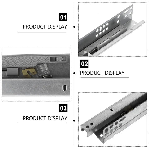 Heavy Duty Drawer Slide Rails 2-Piece Set in cold rolled steel close-up views with silent glides and hidden damping features