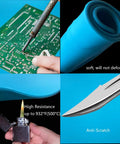 Silicone Soldering Mat 13.8 X 9.8 Inch Heat Resistant 932 F Workbench Pad For Soldering Iron Projects Magnetic Tray Non Toxic Durable Protects Surfaces, showing use with a soldering iron, rolled mat, flame resistance, and anti-scratch feature.