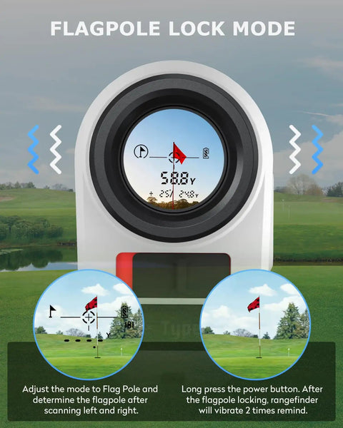 X1 Golf Range Finder With 660 Yard Range Slope On Off Magnetic Flag Locking 7X Magnification Rechargeable Hunting And Disc Golf Range Finder For Accurate Clutch Shots On The Course displaying flagpole lock mode on screen.
