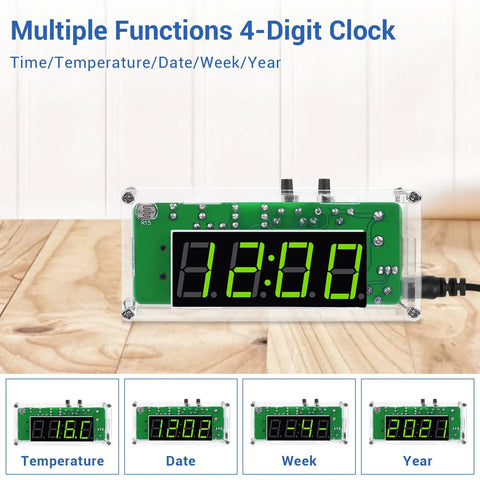 4-Digit DIY Digital Clock Kit With Acrylic Shell, Adjustable Brightness LED Display showing multiple functions