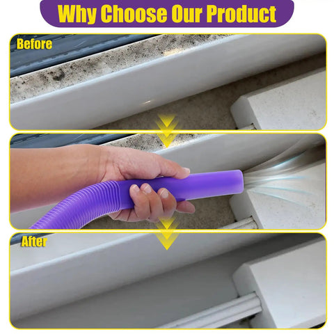 "Dyson Compatible Vacuum Crevice Cleaning Attachment Kit With A 34 Inch Bendable Hose For Tight Gaps in use, showing before and after results"
