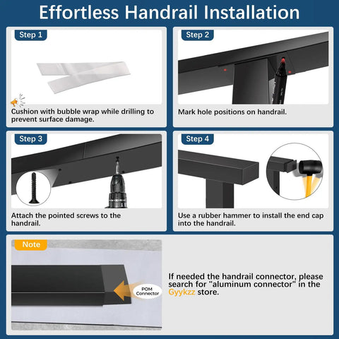 Step-by-step installation guide for Heavy Duty 10 Ft Black Aluminum Handrails 4 Pack Slick Rectangular Flat Top Rails.