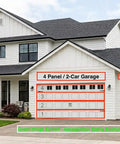 Image of a two-car garage door labeled 4 Panel / 2-Car with installation details for Heavy Duty Garage Door Hinge Replacement Kit Matches Four Panel Two Car Width.