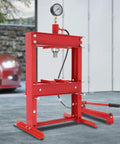 Shop Beast 10 Ton Hydraulic Shop Press Heavy Duty Adjustable H Frame Garage Press with pressure gauge for metal tasks.
