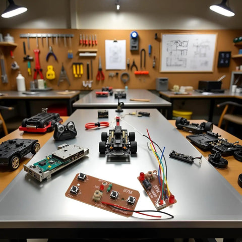 Four Way Remote Control Board For DIY Robotics With Two Way Transmitter And Receiver Maker Friendly Setup To Control Two Motors 27MHz RC Module displayed in workshop