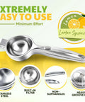 Heavy Duty Lemon Squeezer Juicer Hand Press, Stainless Steel Citrus Extractor For Lemons And Limes, Ergonomic Long Lever shown with features