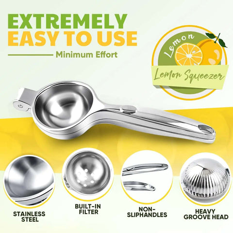 Heavy Duty Lemon Squeezer Juicer Hand Press, Stainless Steel Citrus Extractor For Lemons And Limes, Ergonomic Long Lever shown with features
