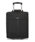 Front view of black Ascella 4 Underseater Carry On Luggage That Fits Under Airplane Seats With Two Wheel Design And No Fuss Packing Space 16.5 Inch 13.5 Inch 7.5 Inch Underseat Dimensions For Weekend Trips.