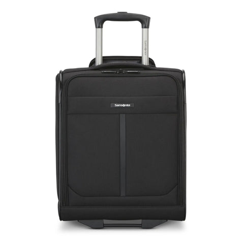 Front view of black Ascella 4 Underseater Carry On Luggage That Fits Under Airplane Seats With Two Wheel Design And No Fuss Packing Space 16.5 Inch 13.5 Inch 7.5 Inch Underseat Dimensions For Weekend Trips.