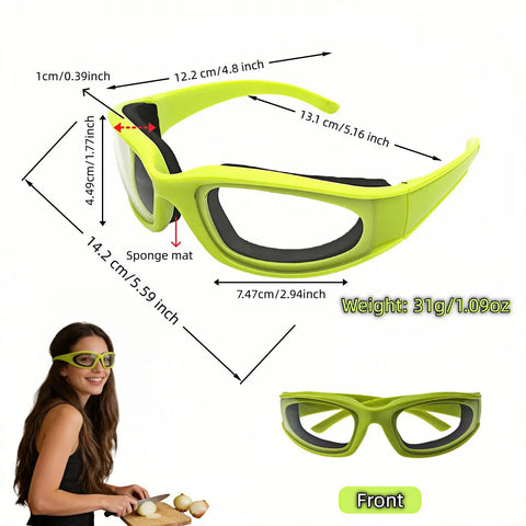 Tear Free Onion Goggles For Kitchen Cooking And Pepper Chopping With Anti Fog Lenses and Ultra Light Frame For Zero Cry Time Kitchen Work And Crystal Clear Vision Protection Gear Green with dimensions.