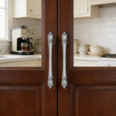 10 Pack 3 Inch Center Hole Brushed Nickel Cabinet Pulls Heavy Duty Solid Drawer Handles installed on wooden kitchen doors.
