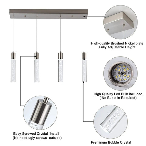 Diagram of Crystal Bubble 4 Light Pendant For Kitchen Island, Lit Modern Brushed Nickel Ceiling Fixture with LED details