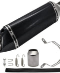 Carbon Fiber Universal Motorcycle Slip On Muffler Exhaust 1.5 To 2 Inch for Dirt Bike Street Bike Scooter and ATV displayed with parts.