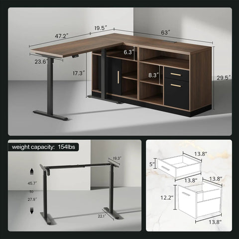 Extra Large Electric Standing Desk 114 Inch Wide With Two Spacious File Cabinets detailed dimensions and features.