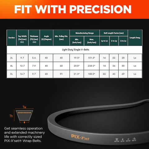 Three Eighths By Forty Four Inch Beefy V Belt For Lawn Mowers And Pumps, 3L440 reinforced rubber wrapped drive belt shown with size chart