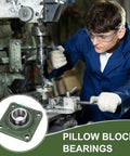Worker operating machinery with focus on Self Aligning Pillow Block Bearing With 1.625 Inch Bore And Solid Cast Iron Base Chrome Steel Square Flange Mounted Ball Bearing ABEC3 Built To Last Heavy Duty Industrial Grade.