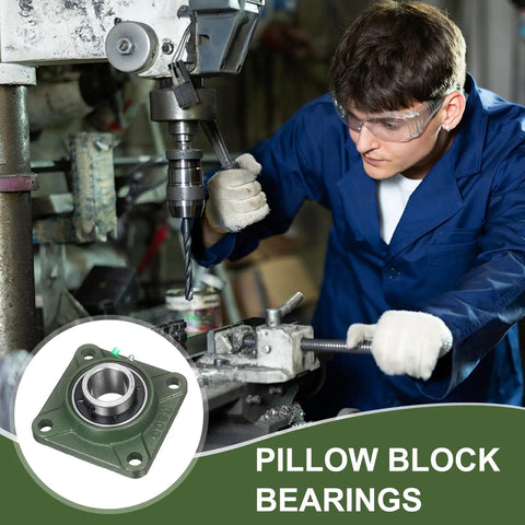 Worker operating machinery with focus on Self Aligning Pillow Block Bearing With 1.625 Inch Bore And Solid Cast Iron Base Chrome Steel Square Flange Mounted Ball Bearing ABEC3 Built To Last Heavy Duty Industrial Grade.